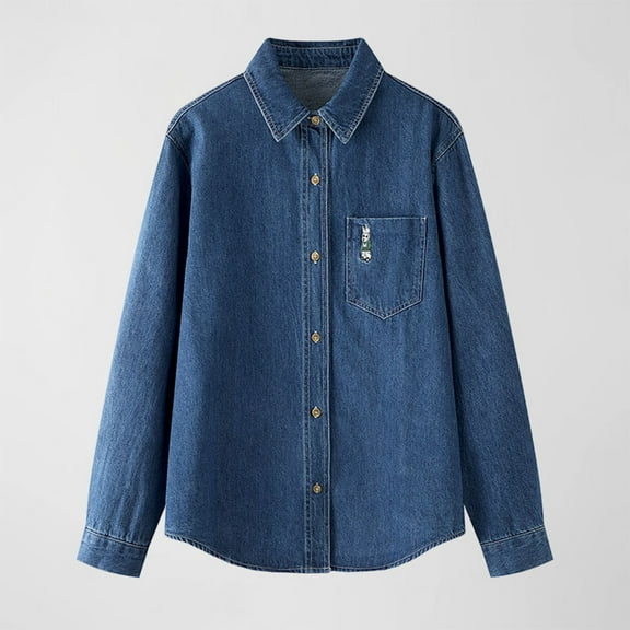 Fnooota Womens Button Down Shirts, Solid Color Long Sleeve Casual Denim Tops Dark Blue Size M