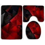 PUDMAD Red and Black Low Poly 3 Piece Bathroom Rugs Set Bath Rug Contour Mat and Toilet Lid Cover