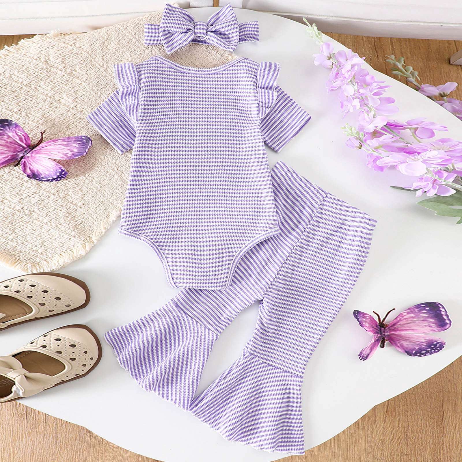 Faraee Summer Baby Girl Clothes Ruffle Short Sleeve Tops Romper Bell Bottom Flare Pants Set Infant Newborn Stripeds Cute Outfit 0 3 6 12 18 24 Months Purple