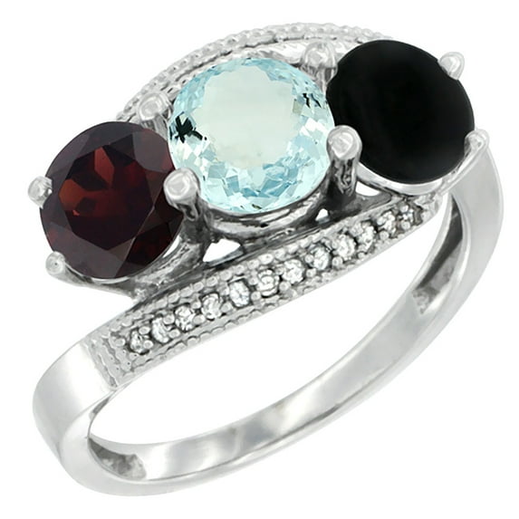 14K White Gold Natural Garnet, Aquamarine & Black Onyx 3 stone Ring Round 6mm Diamond Accent, size 5