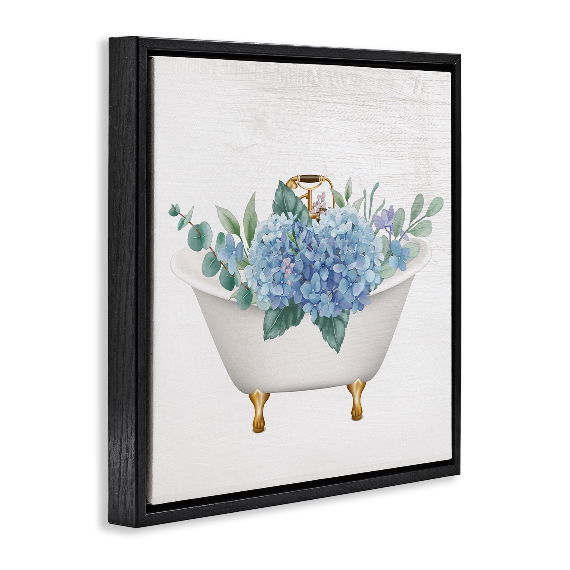 Stupell Industries Chic Bathtub with Hydrangea Blossoms Botanical & Floral Painting Black Floater Framed Canvas Art Print Wall Art, 18 x 18