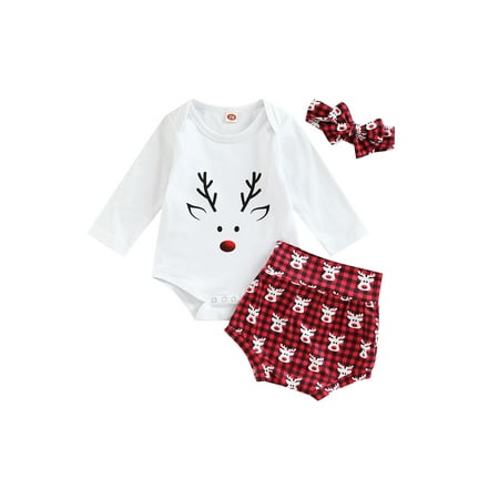 

Girls Jumpsuits Set Christmas Long Sleeves Romper and Shorts Headband