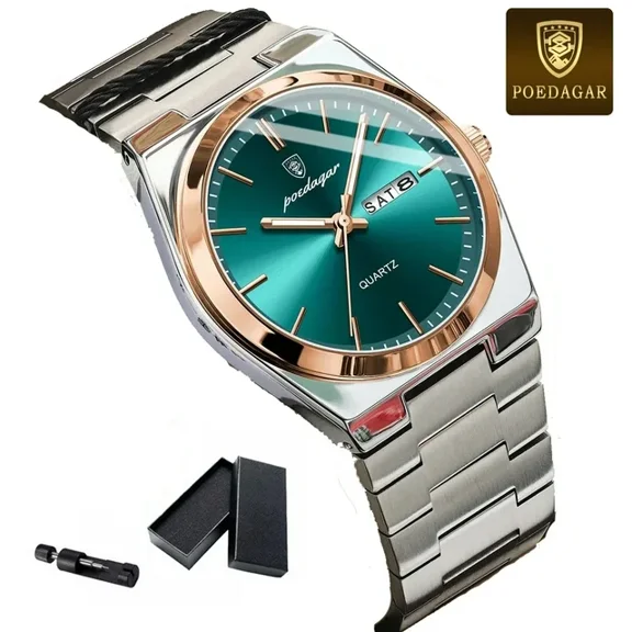 POEDAGAR Luxury Watch For Man Waterproof Luminous Date Week Stainless Steel Men Watch Casual Quartz Men's Watches Male Clock box