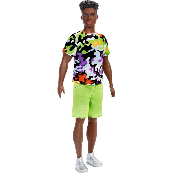 Barbie Ken Fashionistas Doll Broad, Black Curly Hair, Multi-Colored Camo Print Shirt, Neon Green Shorts, Silvery Sneakers, Toy for Kids 3 to 8 Years Old