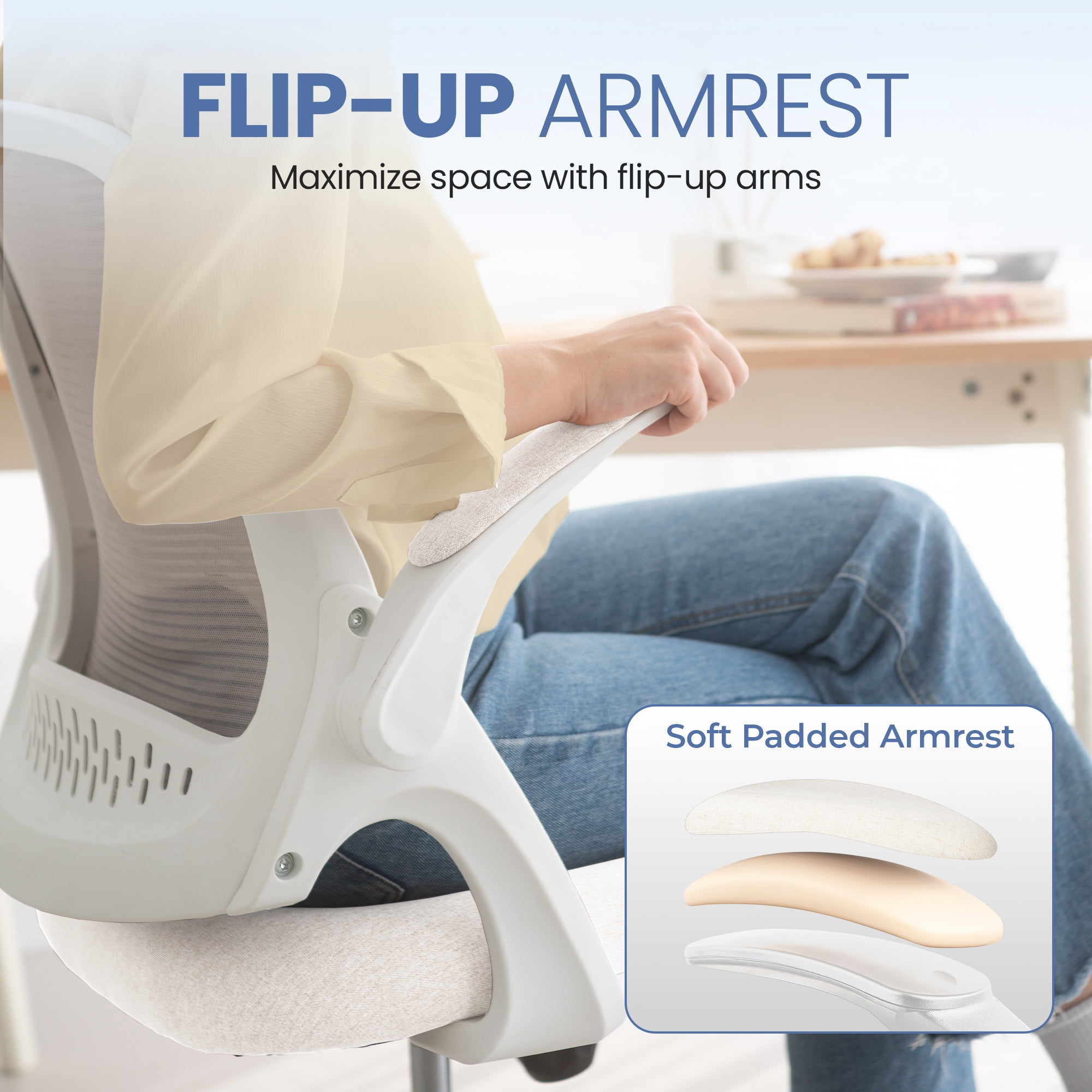 CELTOSS Ergonomic White Office Chair, Flip-Up Arms, Adjustable Lumbar Support, Ivory