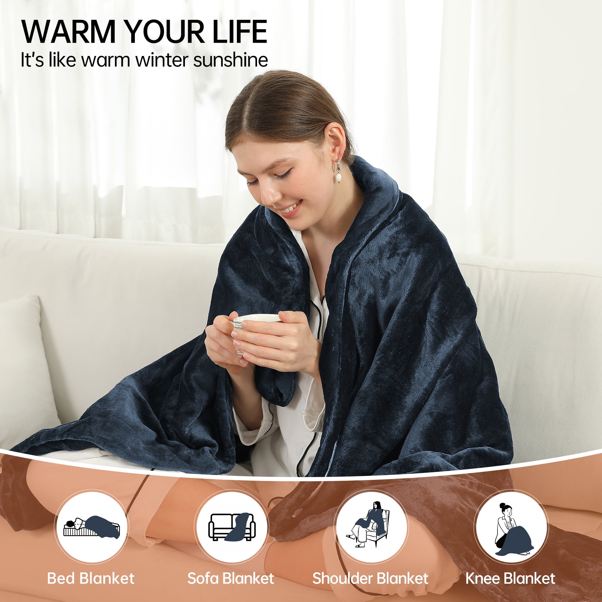 TRUSTWARMTH Electric Heated Blanket Twin Size 62"x84" with 6 Heating Levels 10 Hours Auto off Fast Heating Over-Heated Protection Ultra Soft Warm Flannel ETL Certified,Warm Gifts,Navy Blue
