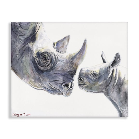 Stupell Industries Traditional Cute Baby Rhino Family Animal Watercolor Canvas Art, 20 x 16, by George Dyachenko