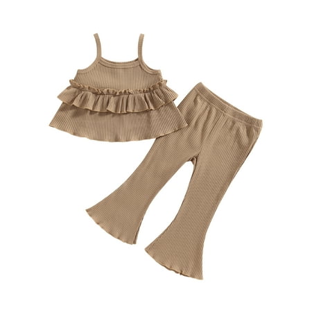 

Arvbitana Toddler Girls Summer Outfit Layered Ruffle Camisole Top+ Solid Color Ribbed Flared Pants Set