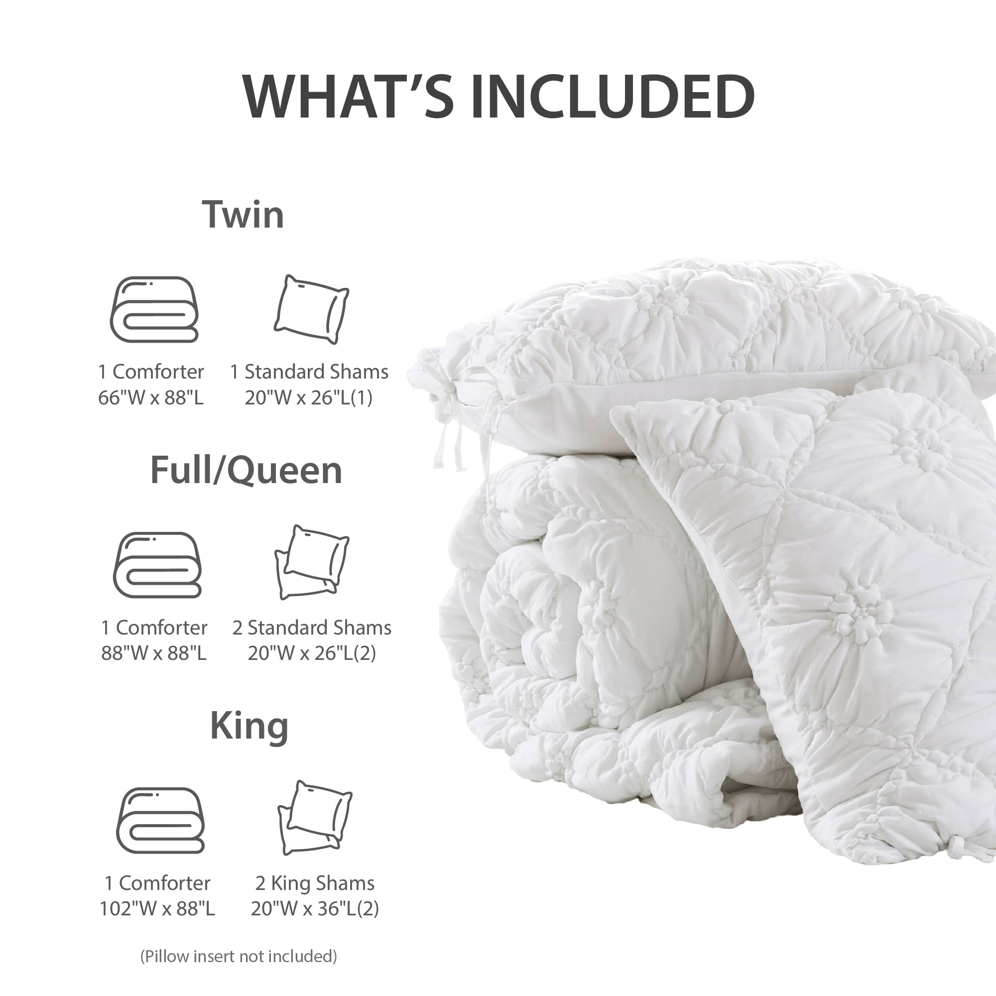 Regency Heights Twin/Twin-XL Textured Floral Comforter Set, Puffy Bow Tie Dorm Bedding Sets, 2-Piece White Elastic Ruching Comforter Bed Set with Sham for All Season