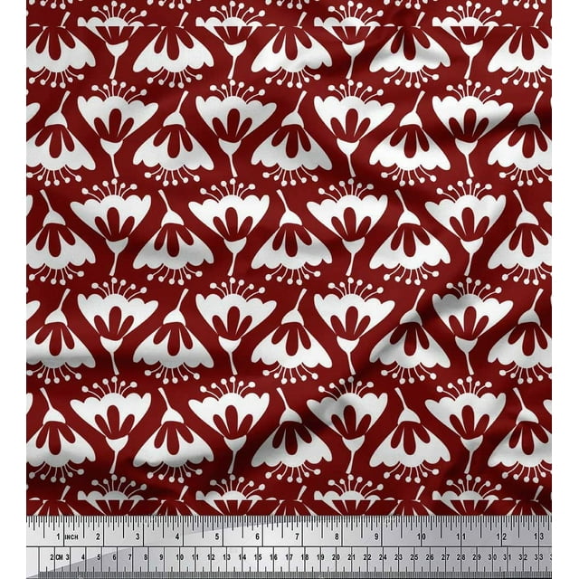 Soimoi Red polyester Crepe Fabric Artistic Floral Fabric Prints By Yard 52 Inch Wide