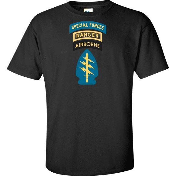 U.S. Army Special Forces with Airborne and Ranger Tab T-shirt