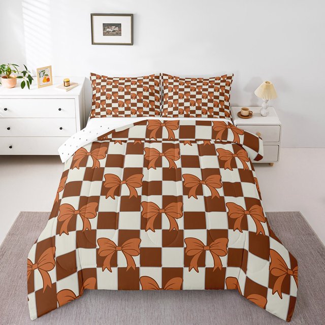 Erosebridal Ensembles de Couette Nœud Mignon, Couettes et Duvets à Carreaux Buffalo Bruns, Réversible 2 Pcs
