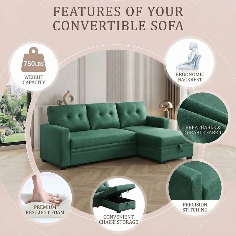 82" L-Shaped Convertible Sleeper Sectional Sofa with Pull-Out Bed, Storage Chaise, Removable Back Cushions, Modular Corner Couch for Living Room, Apartment, Home Office