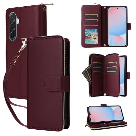 for Samsung Galaxy A25 5G Case Wallet with Card Holder, Wrist Strap and Shoulder Strap, Fashion PU Leather Zipper Pocket Magnetic Snap Crossbody Case for Samsung Galaxy A25 5G, Winered