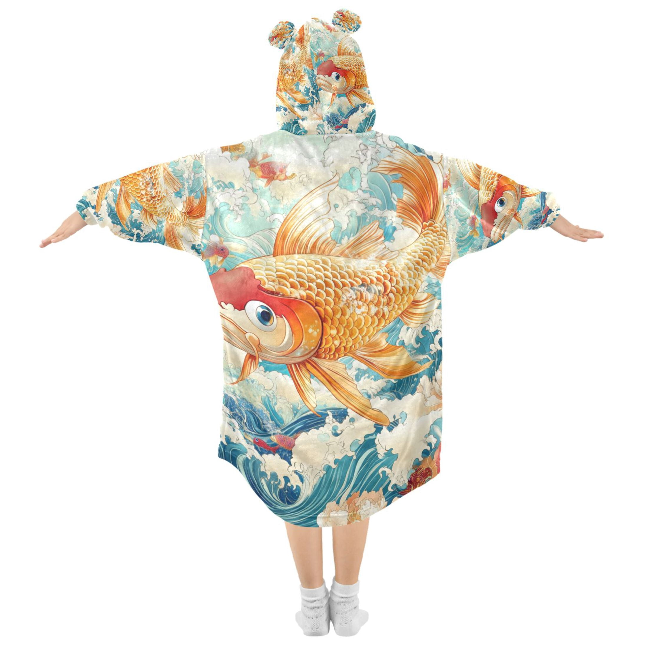 YAZAOO Kids Wearable Blanket Hoodie Warm and Cozy Koi in Bloom Flannel Sweatshirt