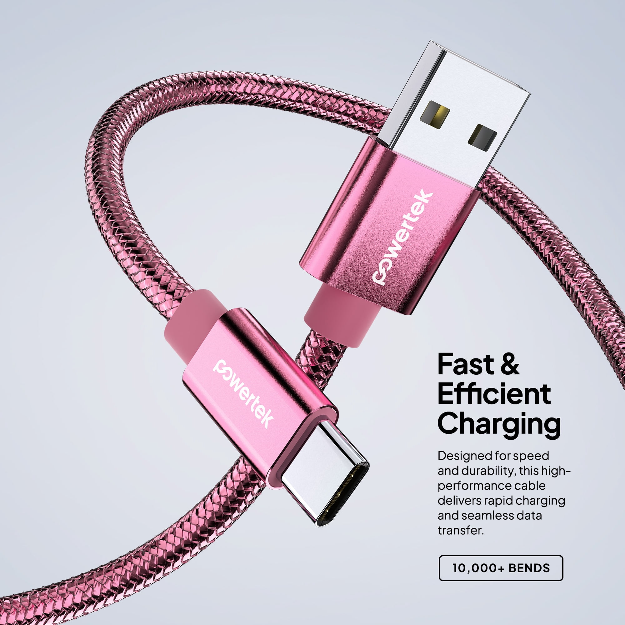 Powertek Luxe 6ft USB-A to USB-C Cable, Pink, Fast Charge & Sync, Metallic Mesh PVC Jacket, Durable Tangle-Free Design