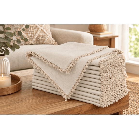 Oatmeal Lace Selvedge Cloth Dinner Napkins – 18x18 Inch (Set of 12)