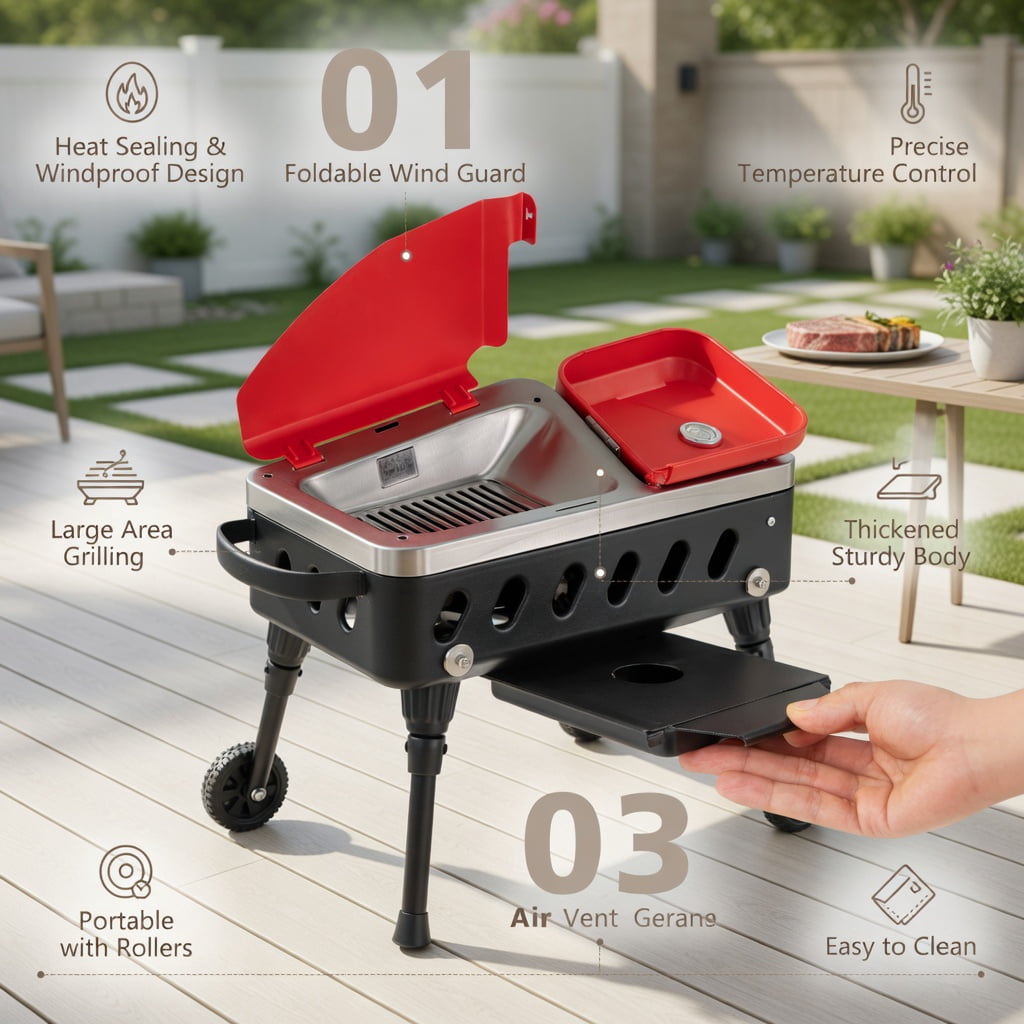 Resenkos Outdoor Barbecues Grill,2-in-1 Gas Camping Grill and Stove with 4 Detachable Legs-Red