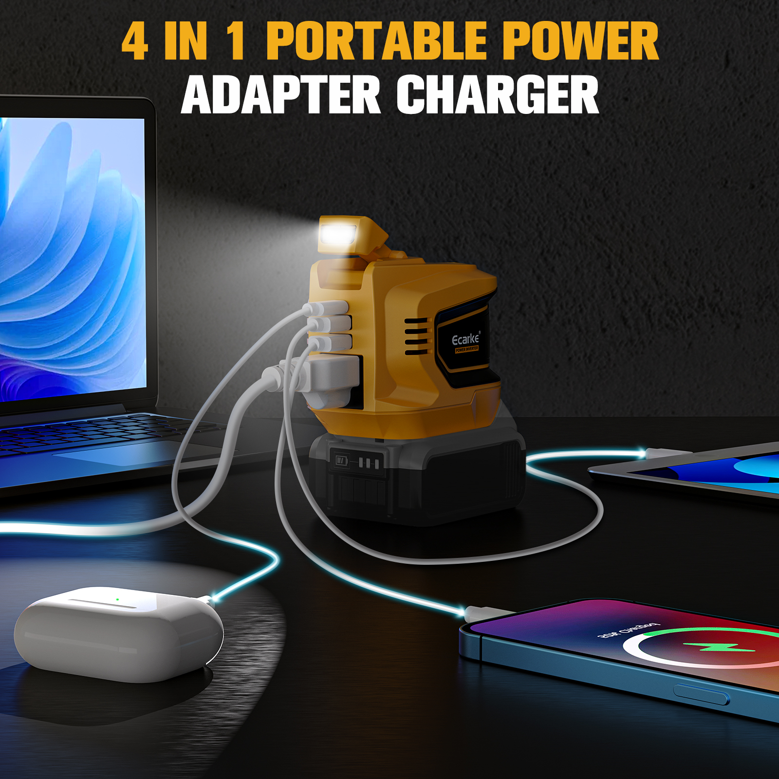 2 Packs 200W Power Inverter Compatible with Dewalt 20V, Ecarke Battery Inverter DC 20V to AC 110V Portable Phone Charger Generator Power Supply with 2 USB Ports & 1 Type-C & 1 AC Outlet