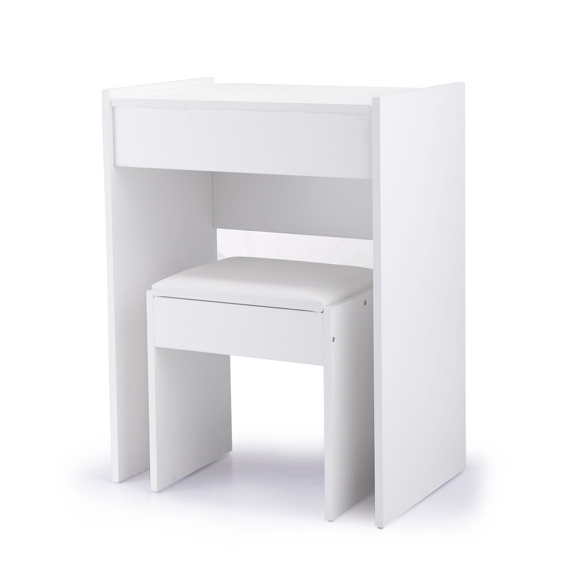 Lowestbest Wooden Makeup Vanity Set with Cushioned Stool and Reversible Mirror, White