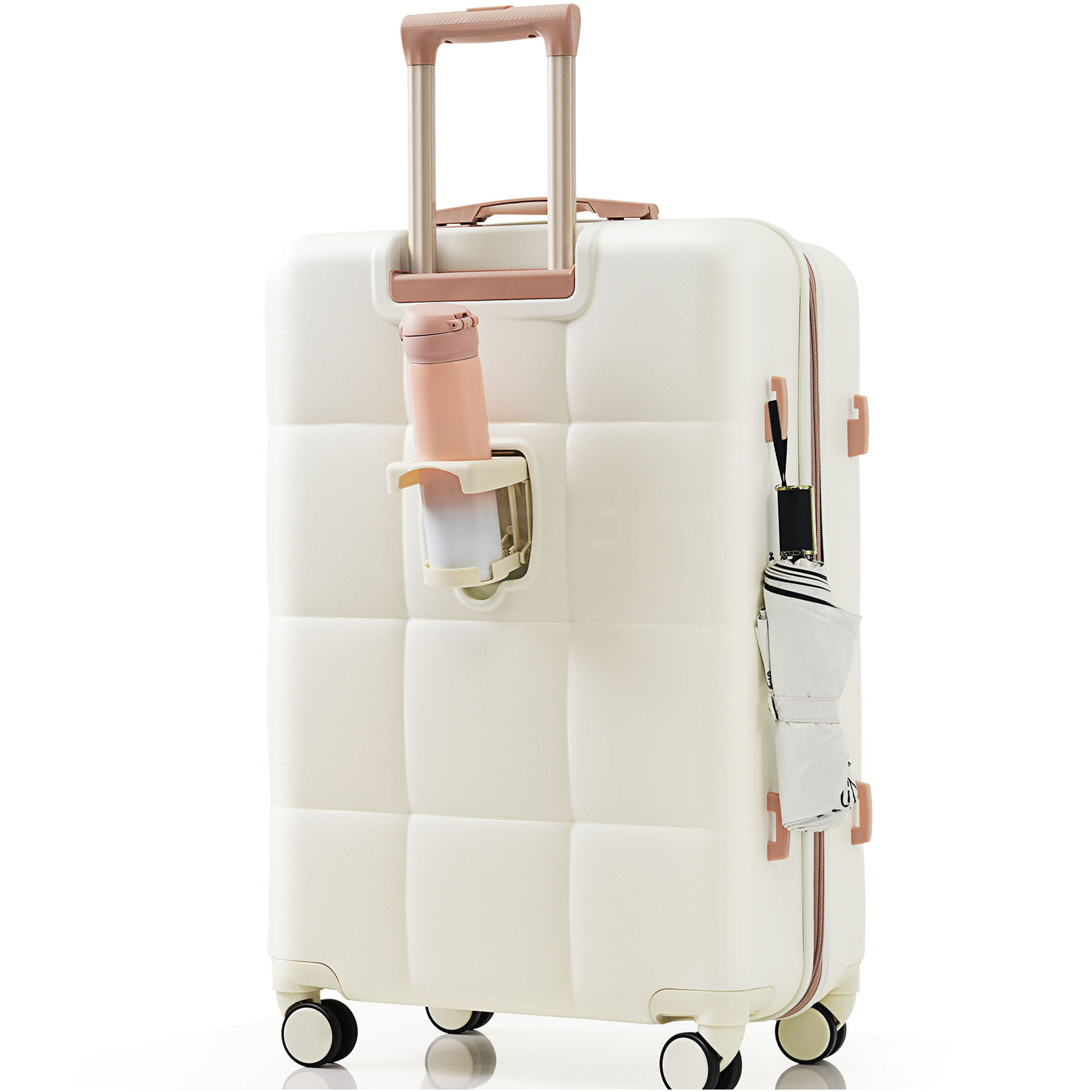 JERFIT 3-Piece White & Gold ABS Hard Shell Luggage Set with Cup Holder, 360° Spinner Wheels, Airline Approved Carry-On Suitcase