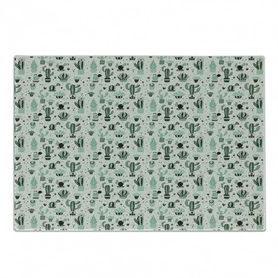 Cactus Cutting Board, Doodle Style Cartoon Plant Arrangement with Geometrical Background Foliage, Decorative Tempered Glass Cutting and Serving Board, Small Size, Mint Black Beige, by Ambesonne