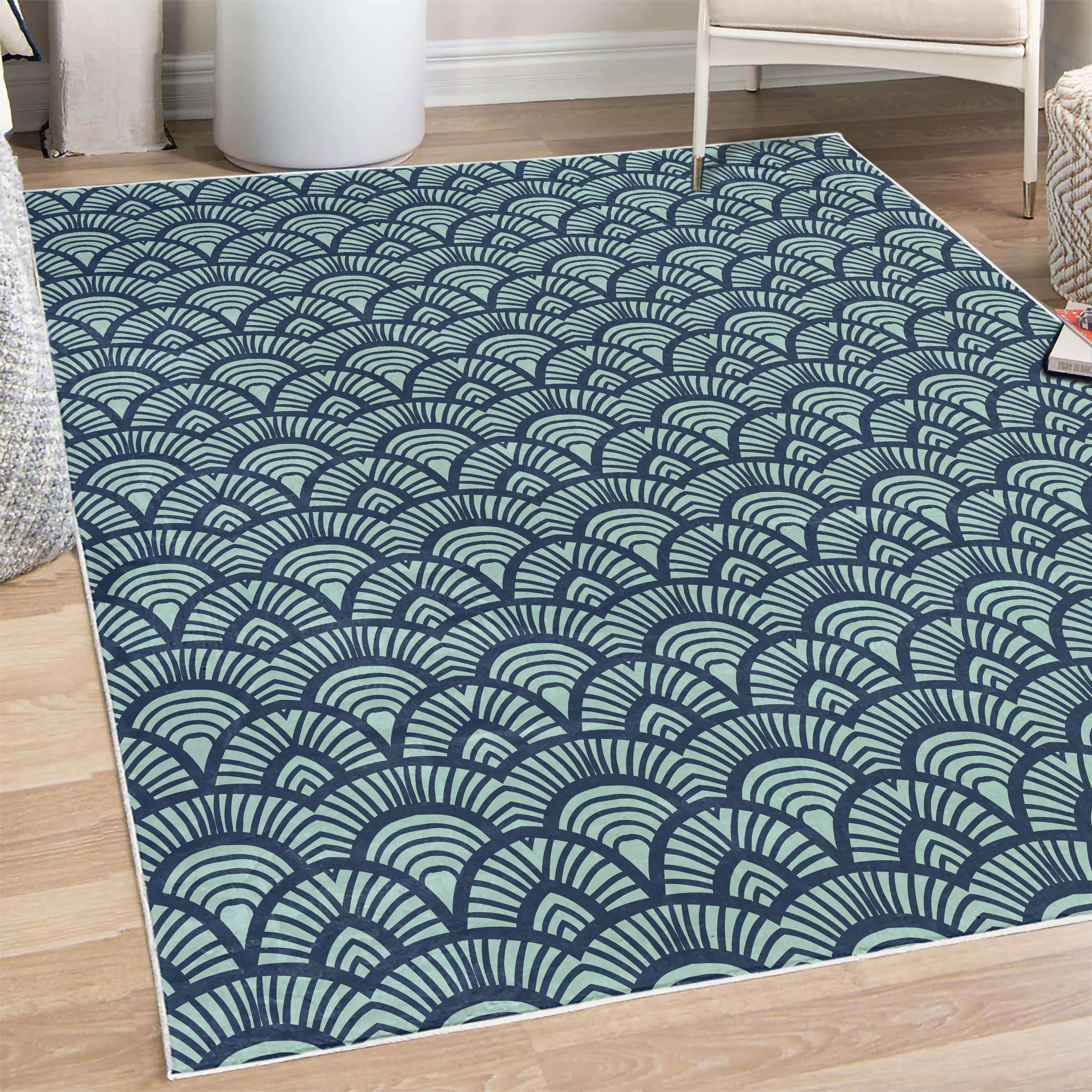 Japanese Repeating Pattern Rug Japanese Art Decorative Rug, Fish Scale Inspired Vintage Hand Drawn ...