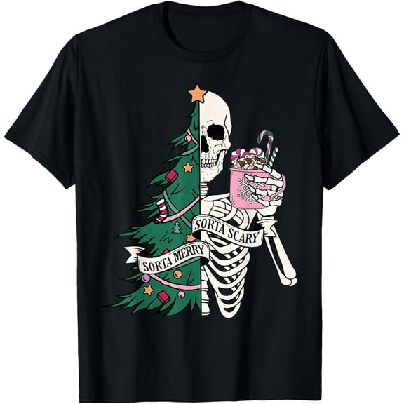 Funny Christmas Sorta Merry Sorta Scary Skeleton Xmas Tree T-Shirt