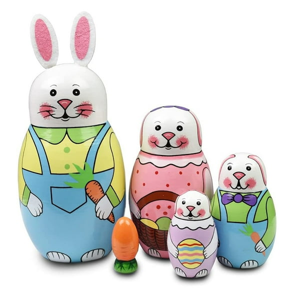 TETOU Easter Bunny Russian Nesting Dolls Toys 5pcs Animal Rabbit Wooden Matryoshka Doll Birthday Gift Decor