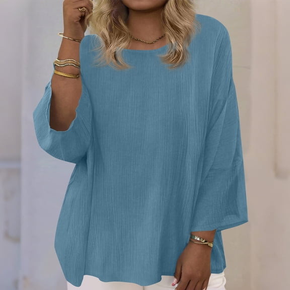 Women's Cotton Linen 3/4 Sleeve T Shirt Tops Plus Size Crewneck Pleated Short Sleeve Shirts Summer Casual Solid Round Neck Loose Comfy Three Quarter Sleeve Tee Shirt
