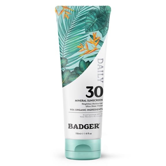 Badger Sheer Zinc Mineral Daily Sunscreen SPF 30, Non-Greasy, 4 fl oz