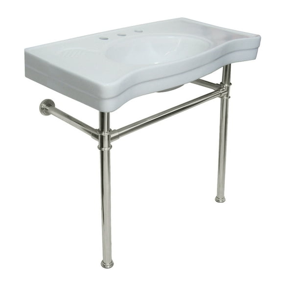 Kingston Brass VPB1366ST Imperial 36" Ceramic Console Sink with Stainless Steel Legs (8-Inch, 3-Hole), White/Polished Nickel