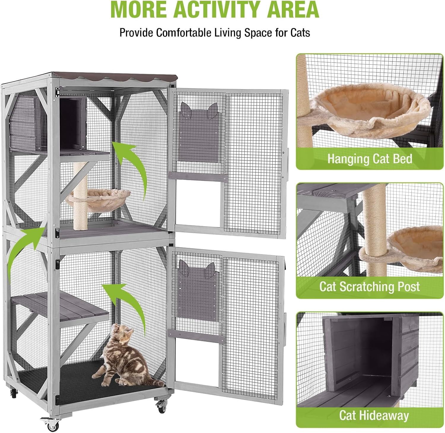 MEDEHOO Catio Outdoor Cat Enclosure - 62.5" Large Walk in Cat Cage on Wheels, Multi-Level Kitty House with Cat Scratching Post, PVC Layer, and Waterproof Roof Gray