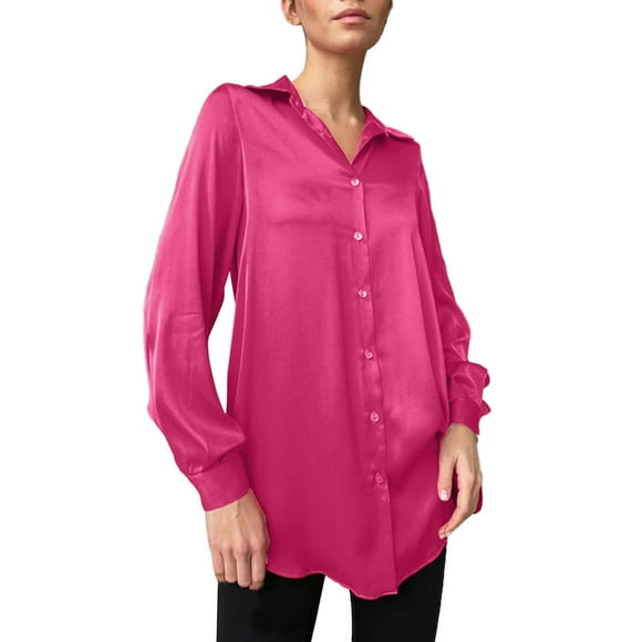 Summer Tops for Women Long Sleeve Elegant Shirt Lapel Top Shiny Satin Solid Womens Shirts Hot Pink XL