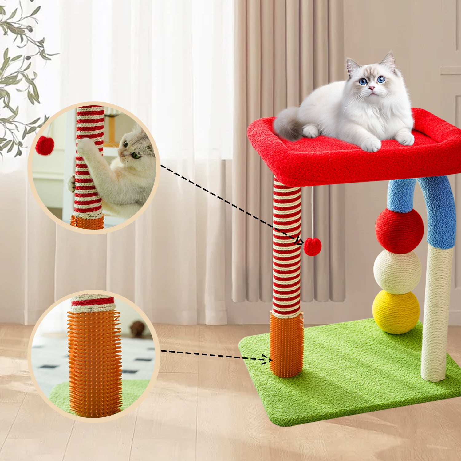 Small U-Shaped Cat Tree- Sisal Rope Scratching Post, Toy Ball, Cat Self-Groomer, Top Perch for Small/Medium Cats, Multi-Cat Homes-Colorful（24in）