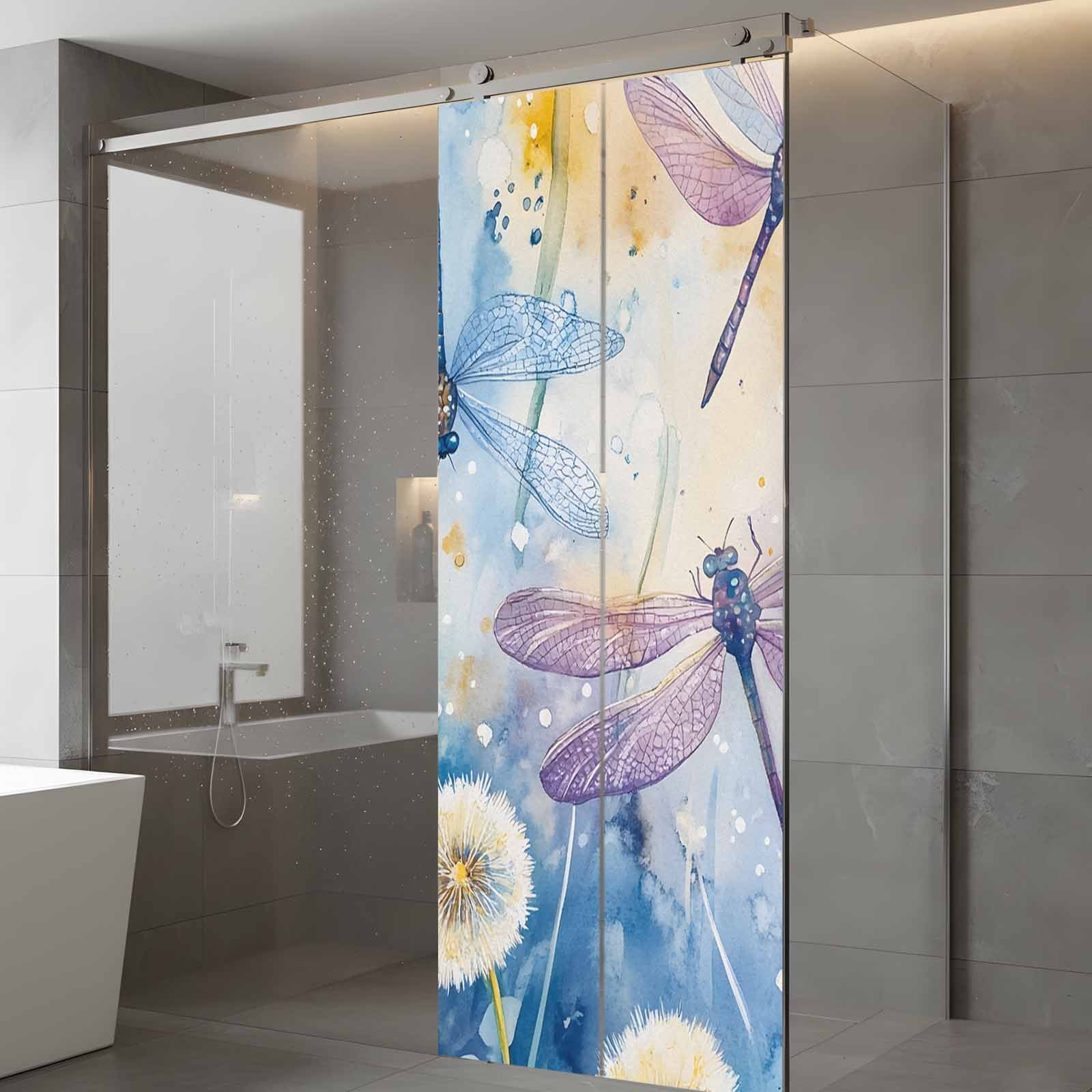 Dragonfly Flowers Window Privacy Film, Blue Purple Watercolor Spring Plant Static Cling UV Sun Blocking Heat Control Window Tint Day and Night, Non-Adhesive One Way Windows Privacy Cover 23.6''x59''