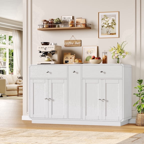 Homfa 54.7-Inch White Buffet Cabinet with Storage, Kitchen Sideboard Coffee Bar with 2 Drawers, 4 Doors and 3-Tier Pull-Out Shelf