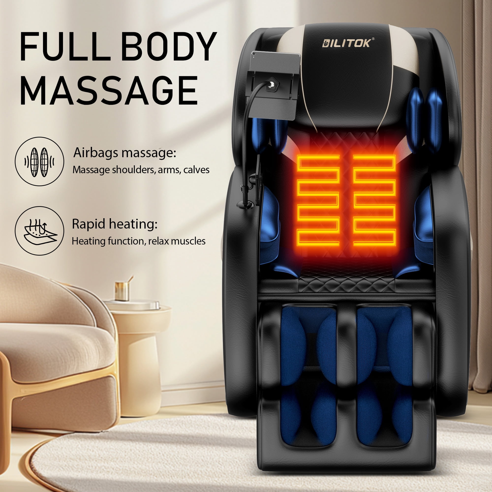 AENKYO Full Body Zero Gravity Massage Chair with Heating, Airbags, Bluetooth Speaker, Foot Roller, and Touch Screen Control Black