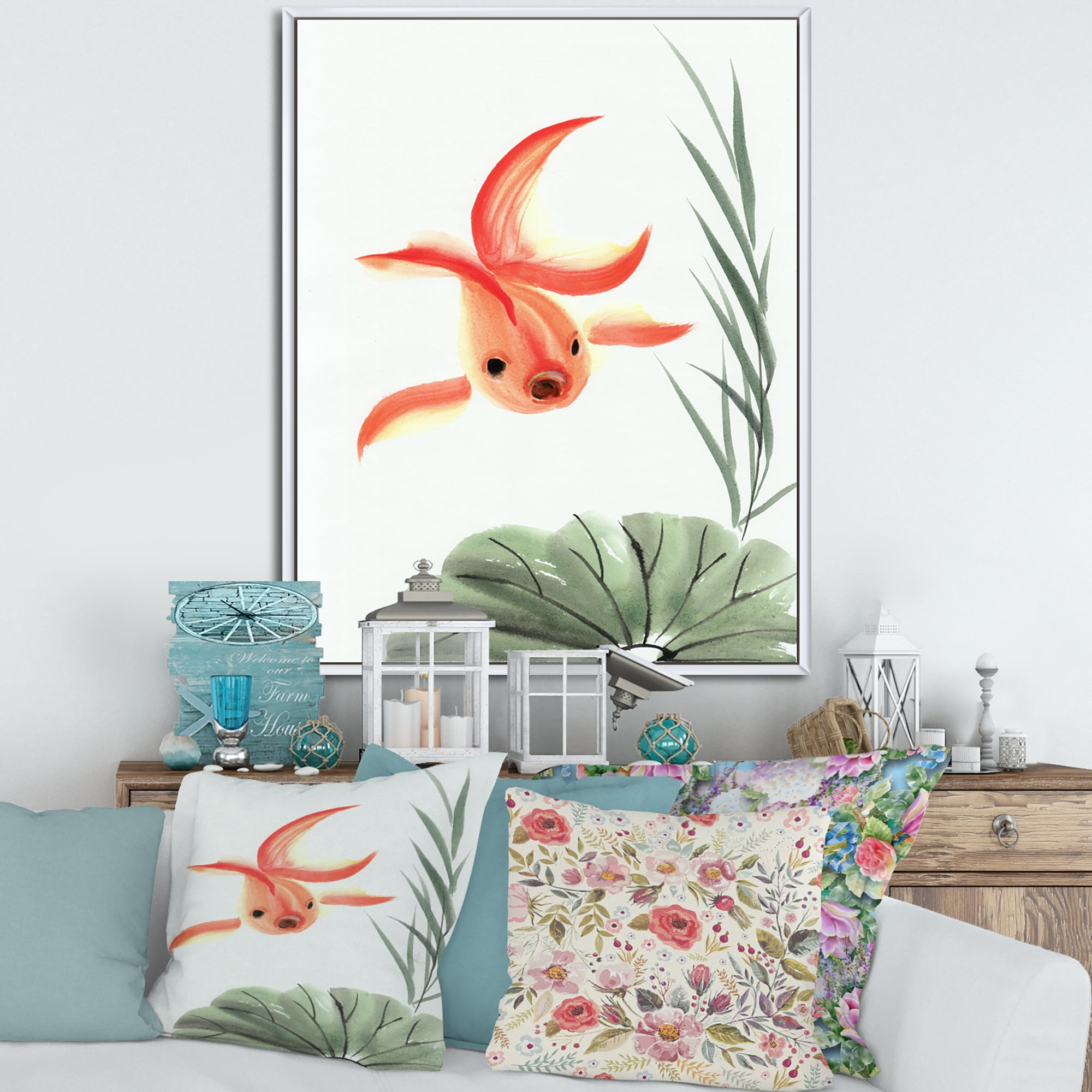 Ancient Goldfish and The Lotus Leaf 30 in x 40 in Framed Painting Canvas Art Print, by Designart