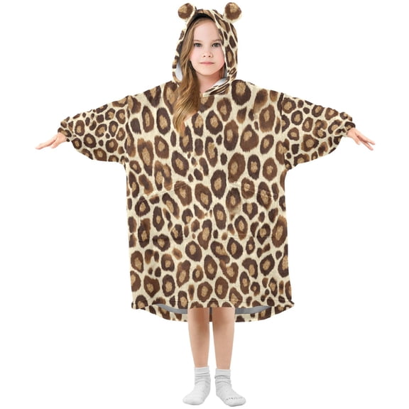 Kids Wearable Blanket Hoodie with 2 Pockets Brown Leopard Print Pattern Oversize Blankets Sweatshirt for Children Small