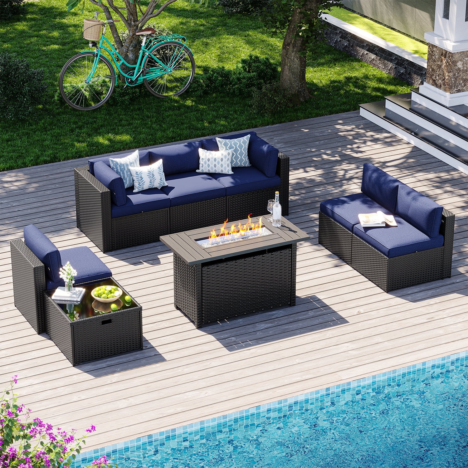 Sunmthink 8 Tempered Glass Waterproof Outdoor Conversation Sets with Sofa and Table, Blue