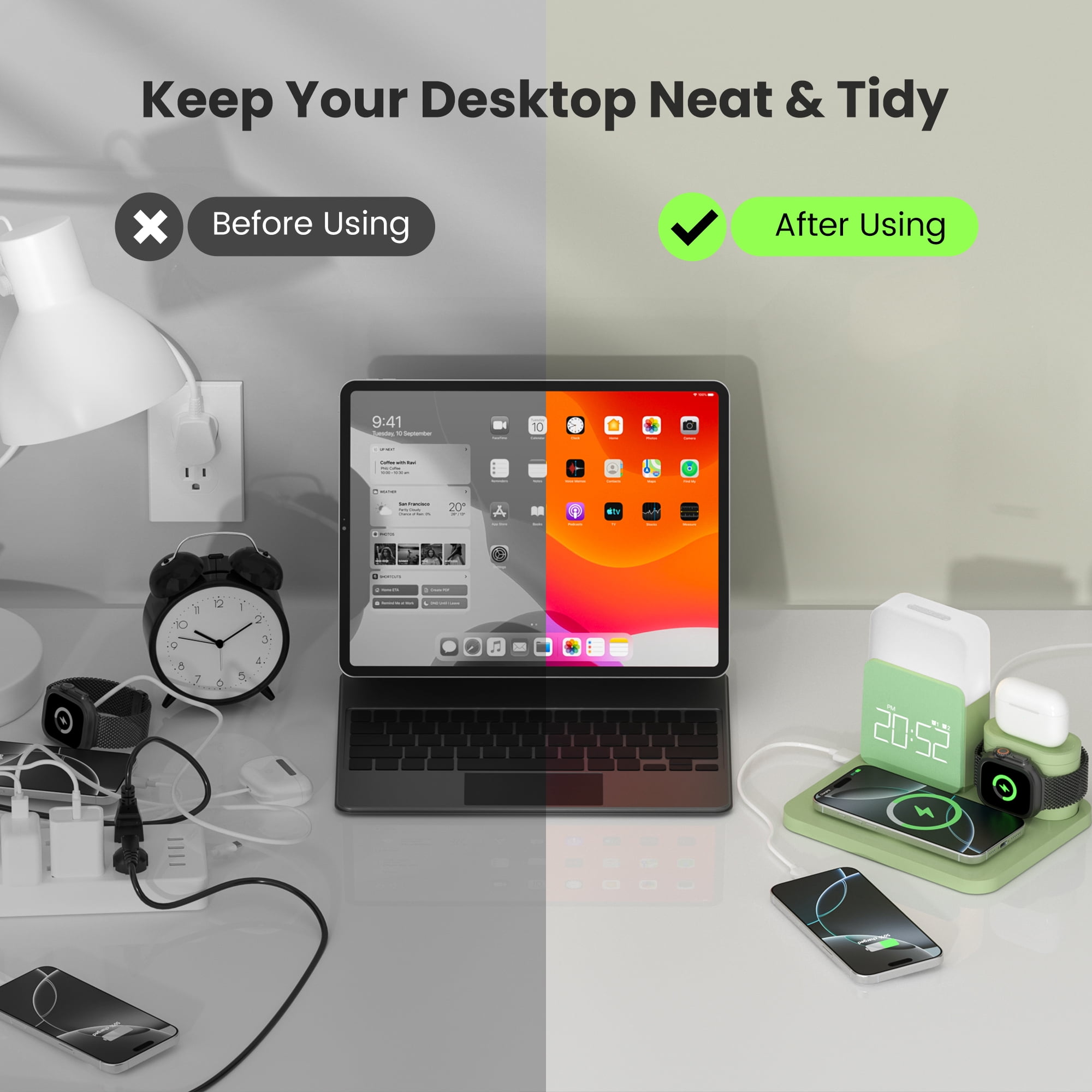 Wireless Charging Station 7 in 1 Compatible for iPhone 17/16/15/14/13/12 Pro Max, Apple Watch & AirPods with Alarm Clock, Night Light Green
