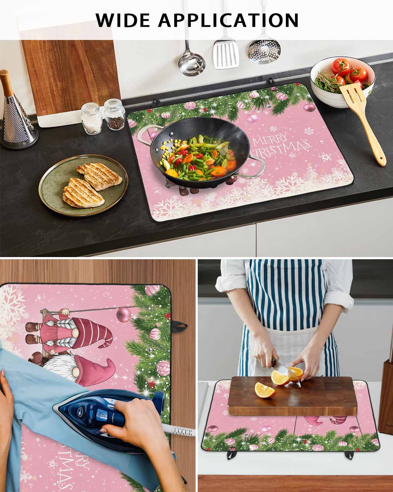 Large Induction Cooktop Protector Mat Pink Gnomes Christmas Stove Top Covers for Electric Stove, Xmas Berry Balls Snowflake Decorative Stove Burner Cover Mats, Glass Top Stove Cover