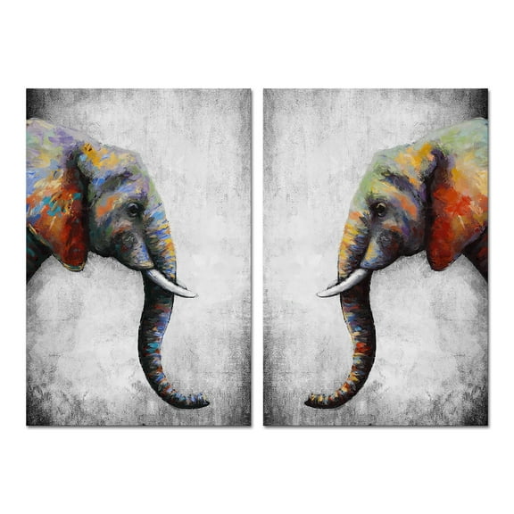 Visual Art Decor 2 Piece 16x24 inch Wood Framed Wall Art Set Elephant Prints Poster African Animal Wall Decor Colorful Elephant Paintings