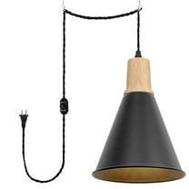 KAYYELAMP Corded Pendant Light 15 Feet Dimmable Switch Plug in Cord Wood Base Black Cone Shade E26 Base Vintage Design Metal Hanging Lamp for Kitchen Bar Bedroom(No Bulb)
