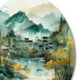 thumbnail image 4 of Designart "Faded Mountain Village II" Landscape Mountains River Round Metal Art, 4 of 5
