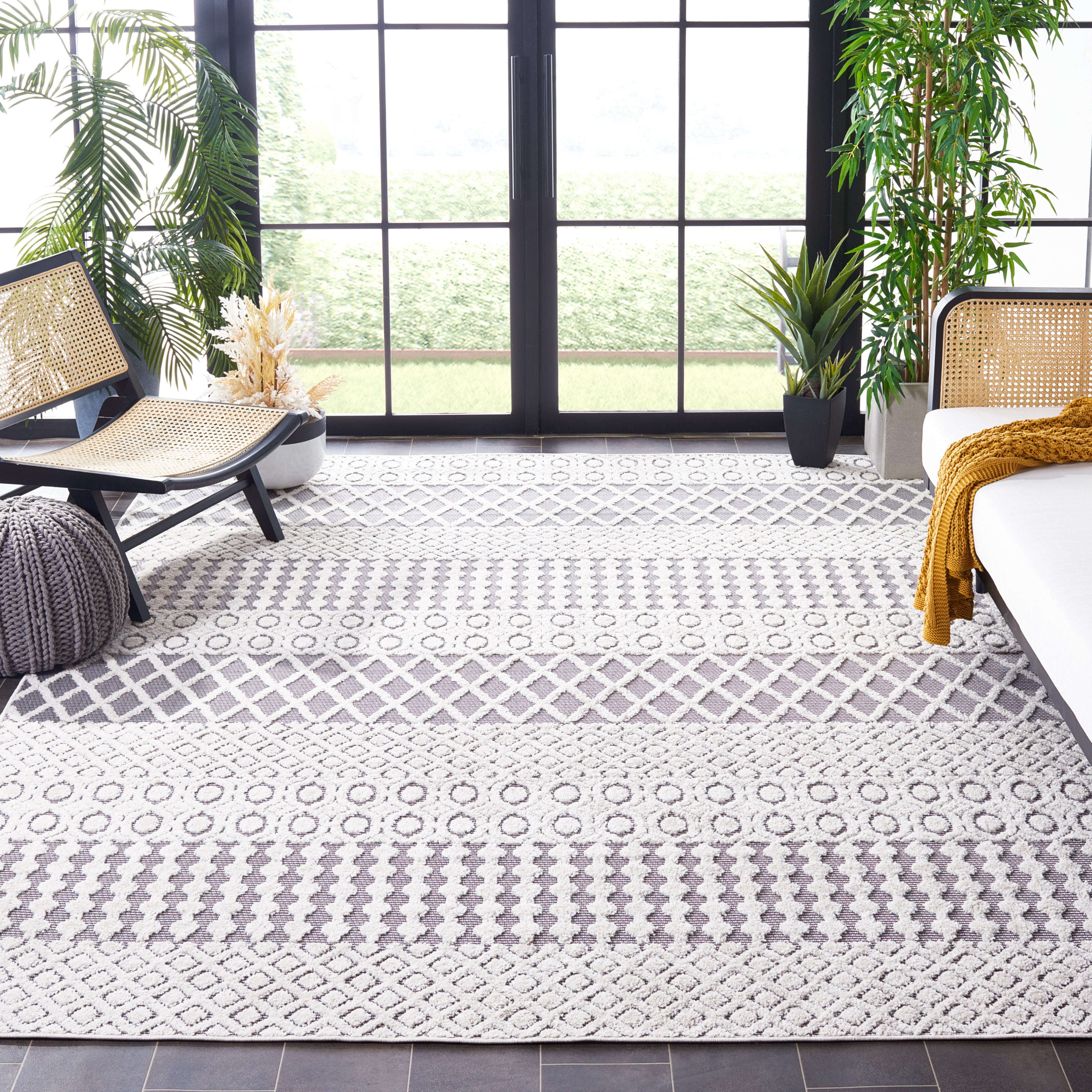 SAFAVIEH Cabana Elouise Geometric Indoor/Outdoor Area Rug, Ivory/Grey, 8' x 8' Square