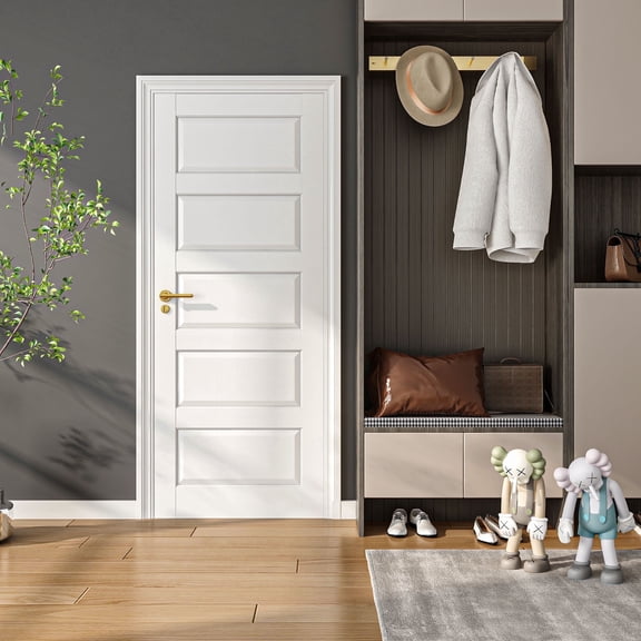 24" x 80" 5 Paneled White Primed Solid Core Wood Slab Door