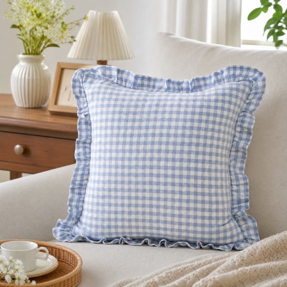 Cotton Ruffled Throw Pillow Cover Checkered Frill Cushion Cover Cottagecore Sofa Decor Blue Plaid