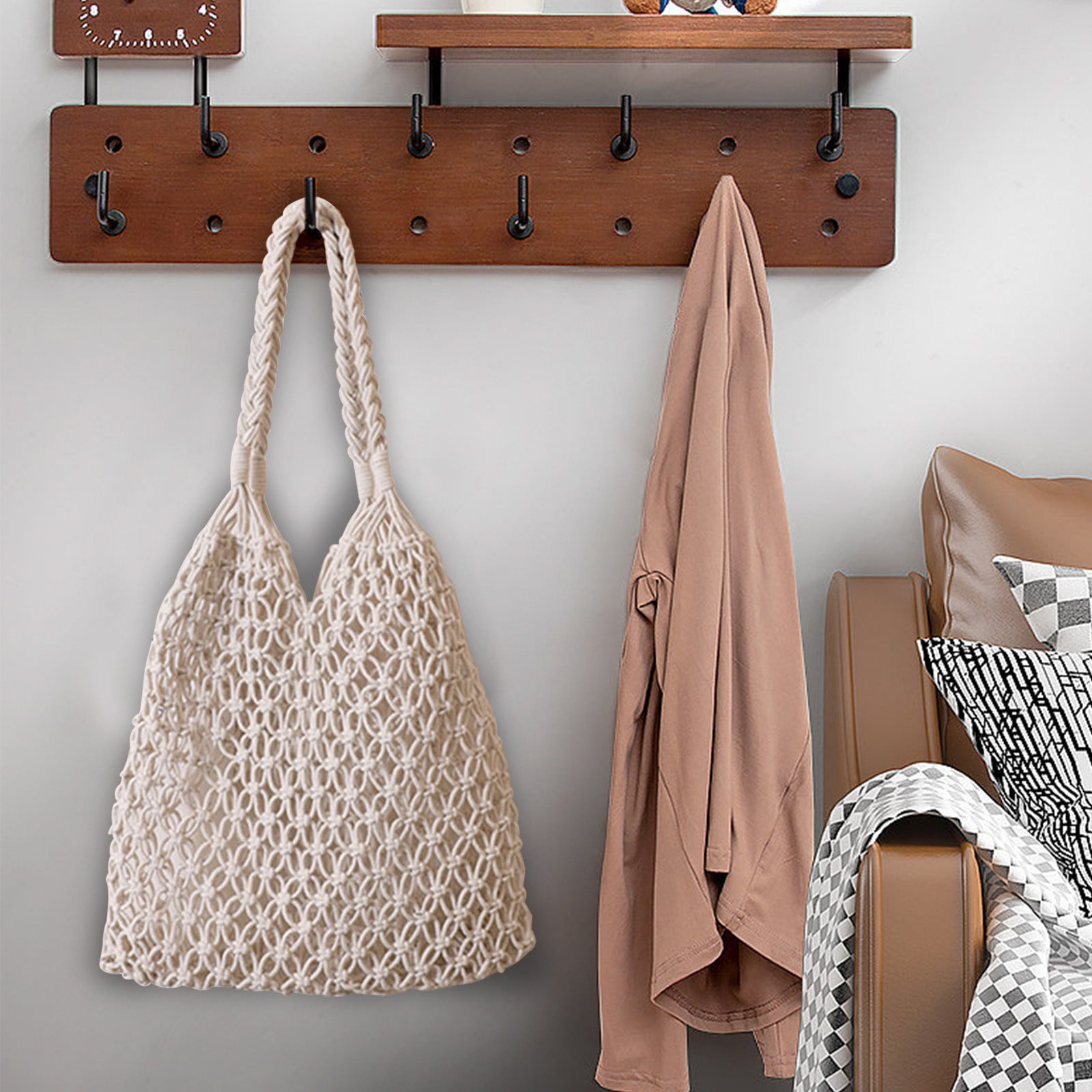 Specollect Clearance 2Pcs Crochet Backpack Flap Drawstring Shoulders Bag Summer Beach Woven Tote Bag, Straw Rattan Raffia Bucket Bag, Handmade Basket Handbag